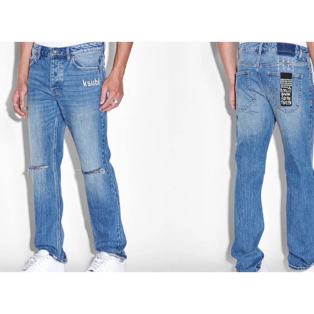 KSUBI Hazlow Notorious Kulture Jean mens 34 Blue MFA23DJ037 Slim Tapered Marble